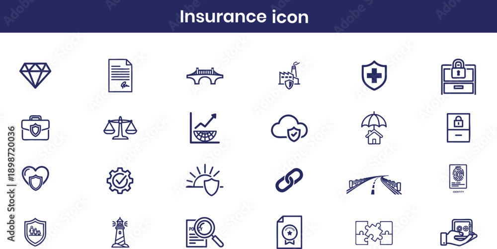Fototapeta premium Minimal black liner insurance and finance icons health, property, travel, education and protection linear icon set for business and web UI