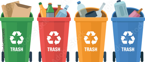 Colorful Wheeled Trash Can Flat Vector Illustration Set Filled with Garbage