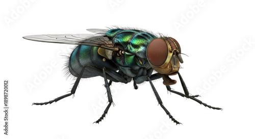 Macro view of metallic green blowfly insect side profile on transparent background cutout