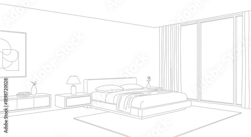 Minimalist modern bedroom interior line art drawing showcasing a large bed with two pillows, a nightstand lamp, and a low media console beside tall sliding glass doors and flowing curtains.