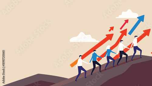 Vector illustration of business people climbing up a hill with upward arrows, for growth or success concept, isolated on transparent background, png