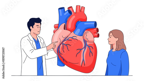 Doctor-Patient Heart Examination: A medical professional engages in a detailed discussion, pointing to a realistic model of the human heart while explaining cardiovascular health to a patient.