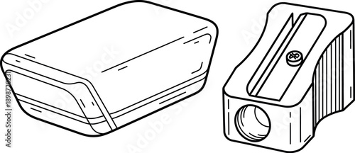 Simple black and white line art illustration showcasing a detached pencil sharpener assembly including the main body and its removable debris container for easy maintenance and artistic projects.