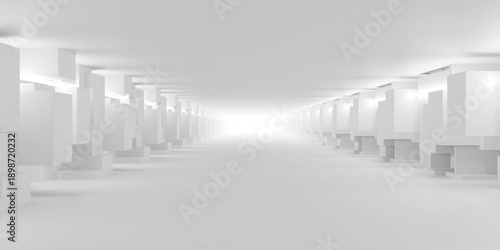 Minimal white corridor with repeating pillars