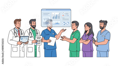 Medical Professionals' Collaboration: A group of dedicated medical professionals collaborates, analyzing data and discussing patient care using modern technology. 