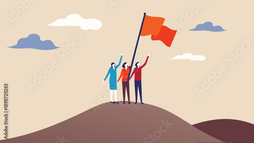 Vector illustration of three people standing on a hill with a red flag, teamwork or success concept for banner or poster, isolated on transparent background, png