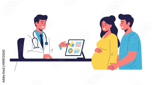 Health Guidance: A medical professional consults with a pregnant person and their partner, offering support and sharing important medical insights