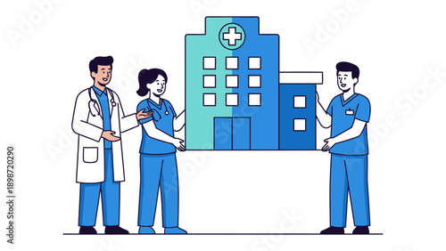 Healthcare Unity: Medical professionals, a doctor and two nurses, join forces to represent hospital, a symbol of care, health, and medical aid. A visual representation of healthcare, teamwork.