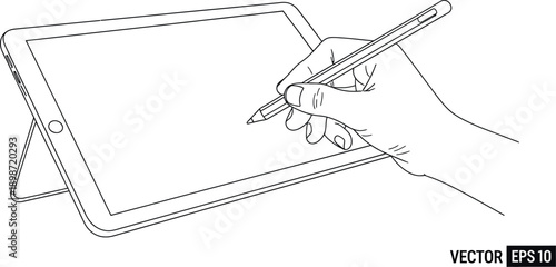 Simple black and white line art illustration depicting a hand holding a digital stylus pen actively writing or drawing on a blank tablet screen propped up by a built-in stand accessory.