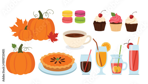 Delicious autumn food and drinks set featuring pumpkin pie, cupcakes, macarons, and warm beverages for thanksgiving celebration.