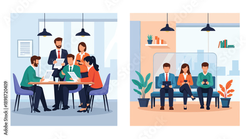 Business team collaborates in office meeting and job applicants wait in reception area with social distancing screen.