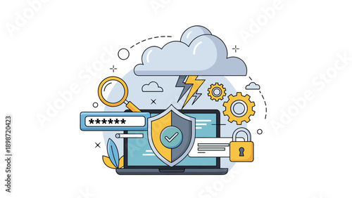 Online data protection concept with laptop computer protected by security shield and padlock against storm cloud and lightning.
