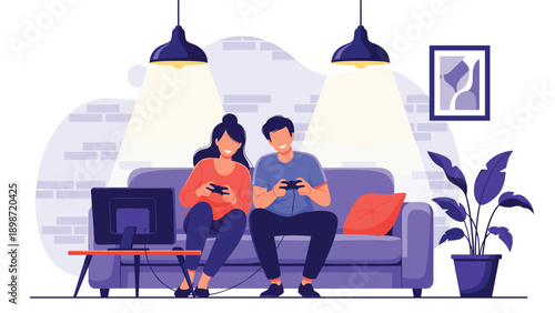 Young happy couple sitting on sofa playing video games together with controllers in a cozy living room at night.