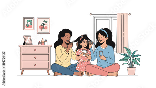 Diverse family scene with two women styling a young girls hair in a cozy bedroom with modern furniture and decor.