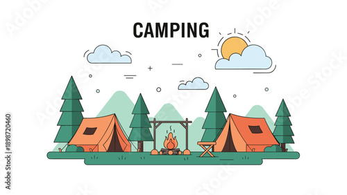 Peaceful camping site illustration with two orange tents and a warm campfire in a green forest with mountains and sun.