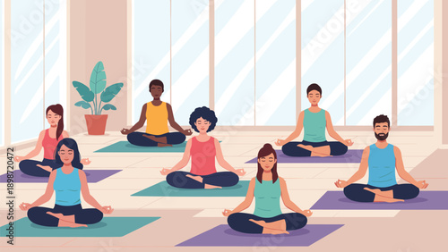 Diverse group of people practicing seated yoga poses on mats in spacious light studio with large windows and indoor green plants.