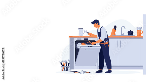 Professional technician in blue uniform repairing broken dishwasher in modern kitchen interior with tools and equipment nearby.