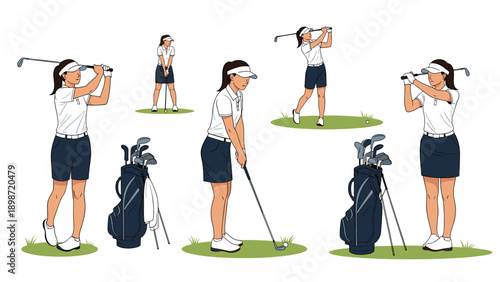 Female golfer demonstrating various athletic poses including swing and stance with golf bag for sports training and instruction.
