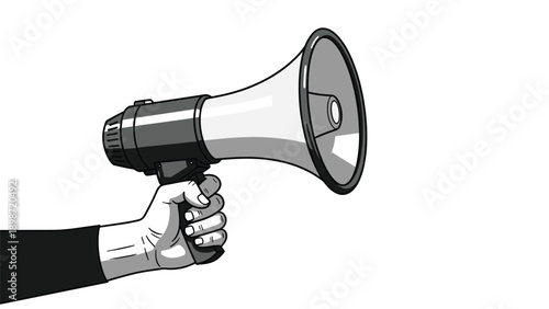 Black and white illustration of a hand holding a megaphone loud speaker to announce important news or make a statement.