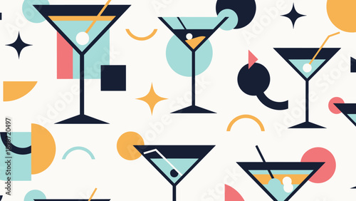 Vibrant abstract pattern featuring cocktail glasses and diverse geometric shapes in retro style for party or bar decor themes.