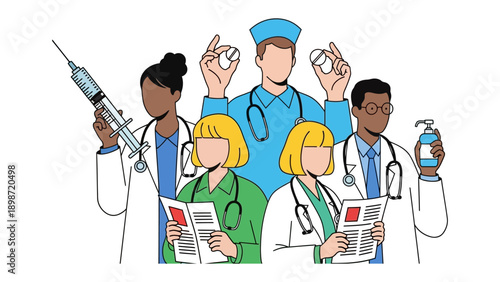 Healthcare Heroes: A dedicated team of medical professionals stands united, each holding essential tools and symbols of their vital work.