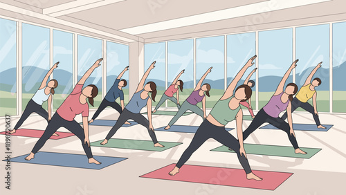 Group yoga class in a bright modern studio with large windows overlooking a scenic mountain landscape for fitness and wellness.