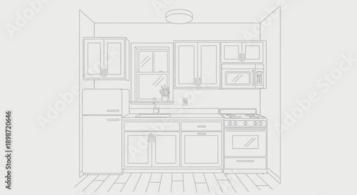 Simple black and white line art illustration depicting a compact kitchen interior layout featuring essential appliances and cabinetry for home design visualization.