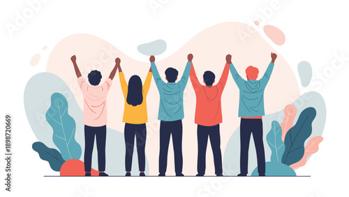 Diverse group of people standing together with their arms raised and hands joined in a circle to represent unity and teamwork.