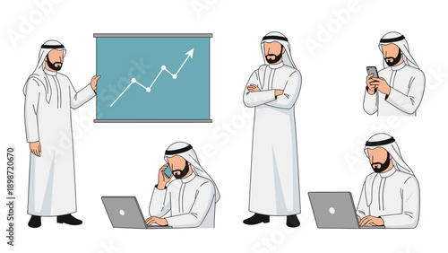 Collection of professional Arab men in traditional white thobe clothing engaged in various activities like presenting and using technology.