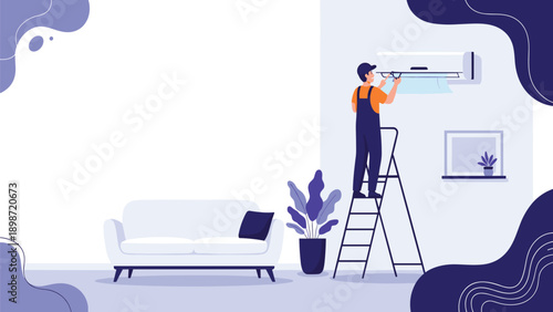 Home maintenance service illustration with a technician on a ladder repairing a wall mounted air conditioning unit in a living room.