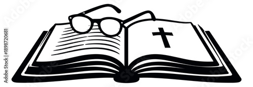 Hand drawn line art illustration of an open bible and reading glasses depicting the items resting on its pages for religious study