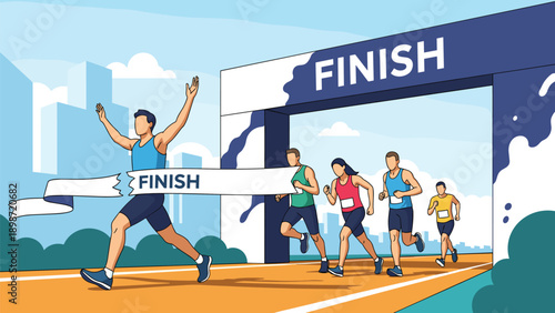 Marathon winner crossing the finish line with raised arms in victory while other runners follow against a scenic city background.