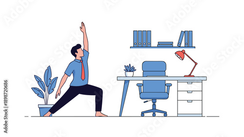 Office worker practicing yoga in a warrior pose next to his desk to relieve stress and improve health in a modern workspace.