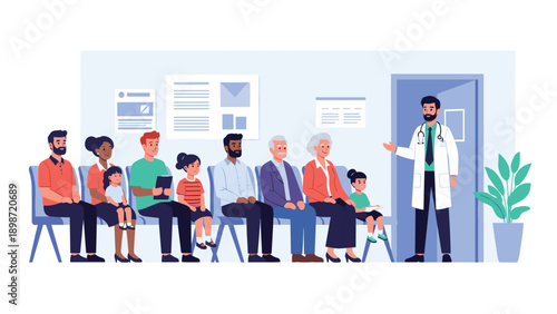Diverse group of patients sitting in a hospital waiting room while a professional male doctor stands at an open doorway.