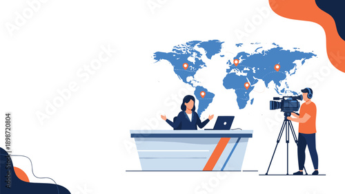 News studio interior with a female anchor sitting at a desk and a cameraman filming her against a world map background with location pins.