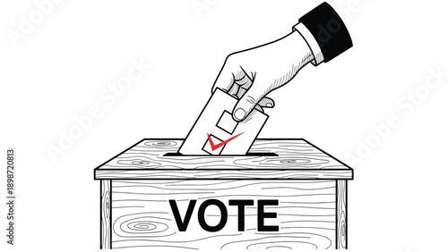 Hand dropping a marked ballot into a wooden voting box with the word vote written on it in a detailed black and white engraving style.
