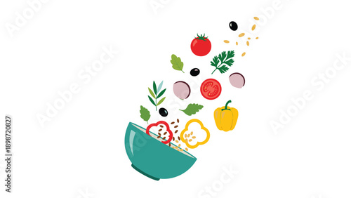 Dynamic illustration of fresh salad ingredients like tomatoes, peppers, and leaves flying into a green bowl against a white background.