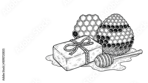 Vintage engraving style illustration of a handmade soap bar, honeycombs, and a honey dipper with spilled honey on a white background.
