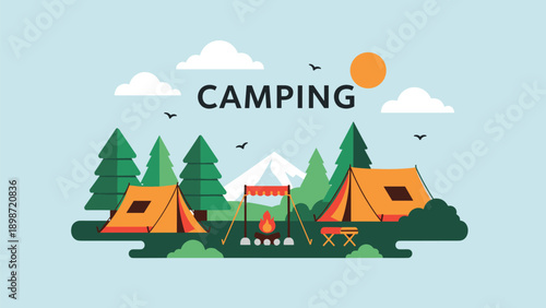 Scenic camping site illustration with tents, a campfire, trees, mountains, and a clear sky with the sun and clouds for outdoor adventure.