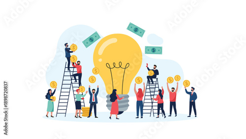 Group of business people collaborating to fund and support a large glowing light bulb idea with coins, money bills, and ladders.