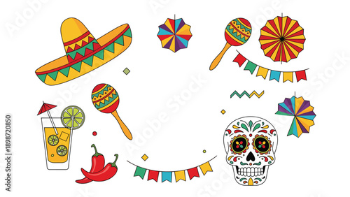 Festive collection of Mexican culture elements like a smoker, maracas, skull, chili peppers, and a margarita cocktail for Cinco de Mayo.