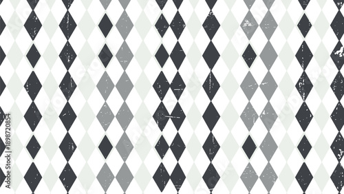 Classic harlequin diamond pattern in shades of grey, black, and white with a subtle grunge texture for a vintage aesthetic.