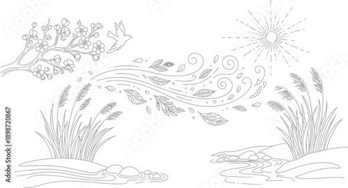 Stylized black and white line art illustration depicting a strong spring breeze blowing leaves from a blooming branch across reeds growing near a gently flowing stream under a bright sun.