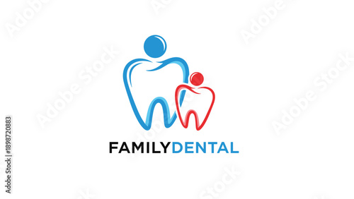 Minimalist dental clinic logo with blue and red stylized tooth shapes representing a family including an adult and a child.