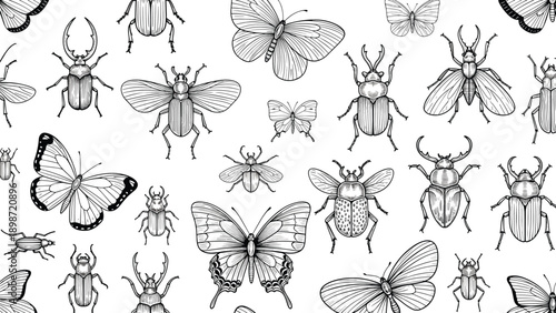 Detailed black and white engraving illustration pattern featuring various insects like beetles, butterflies, and bugs on a white background.