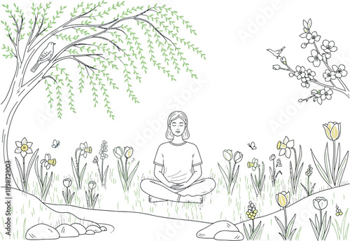 Serene illustration depicts a woman meditating peacefully in full lotus position outdoors amidst vibrant spring flowers and gentle natural surroundings beneath a bright sun.