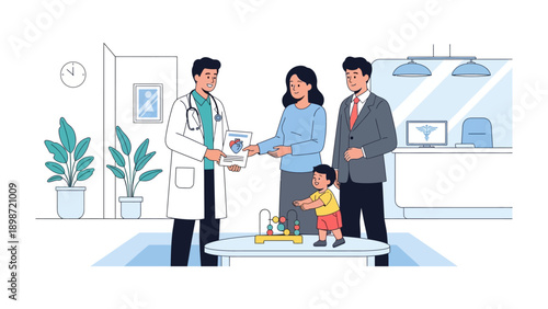 Medical Consultation: A healthcare professional consults with a family, offering reassurance and guidance in a nurturing clinic environment.
