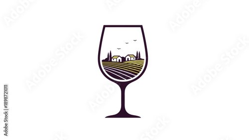Creative winery logo design with a wine glass silhouette containing a rolling vineyard landscape farm houses and trees in deep purple color.