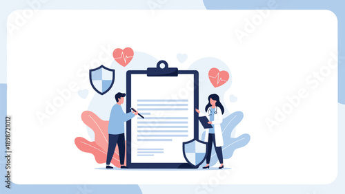 Health medical insurance and healthcare plan concept with a professional doctor patient and a large insurance form with protective shields.