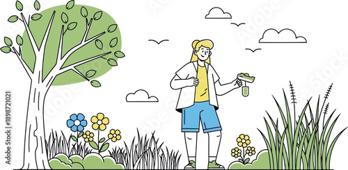 Young woman enjoying a sunny day outdoors tending to her garden while holding a small hand trowel for planting flowers near a large tree in a lush green field setting